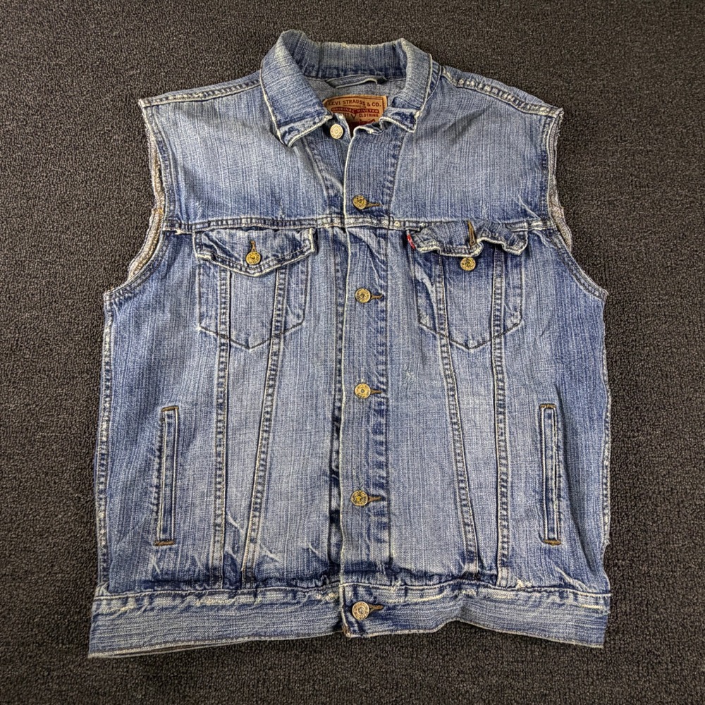 Levis Vest Mens L 70507 Trucker Blue Cut-off Denim Distressed EUC